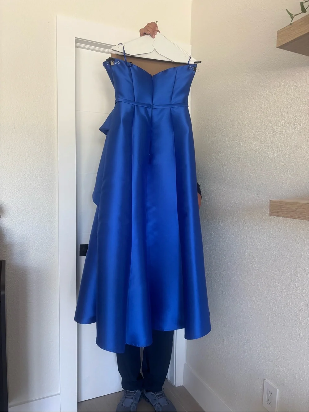 Rene Ruiz Strapless Cobalt Blue Satin A-Line Dress with Side Cascade